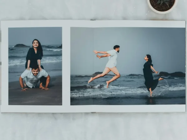 Branded photo album design with elegant typography and logo